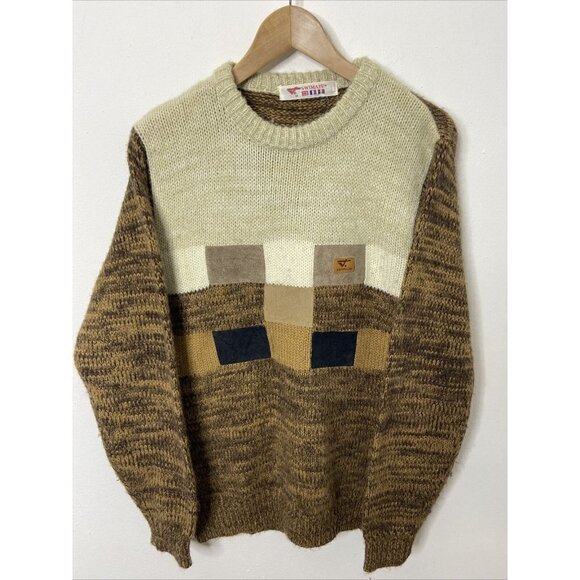 Vintage Swimate Men M Patchwork Knit Sweater Hipster Ski 80s Wool Nautical - Picture 1 of 7